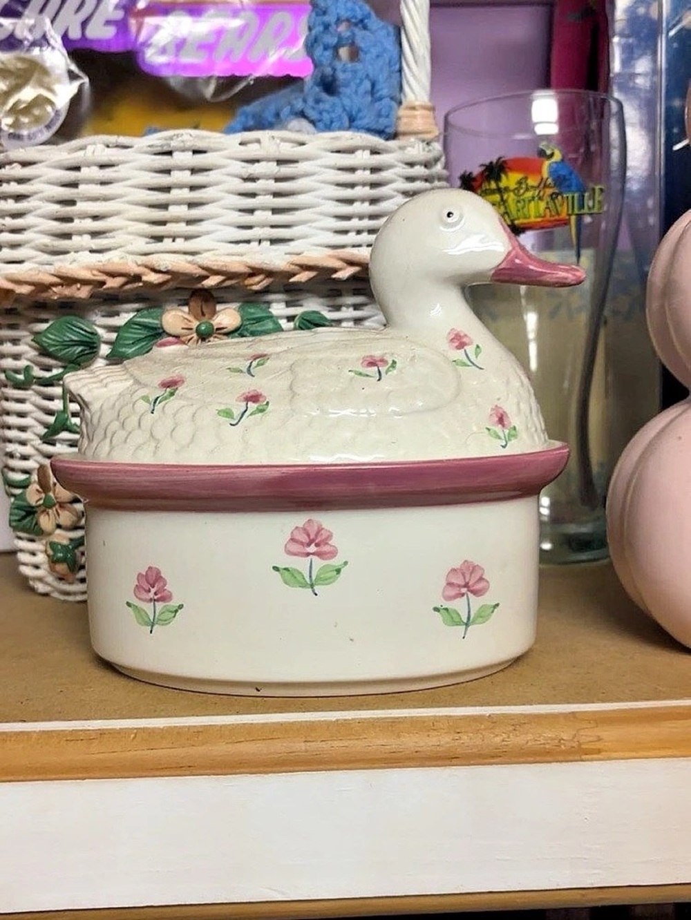 Duck Floral Ceramic Storage Container, Cream & Pink